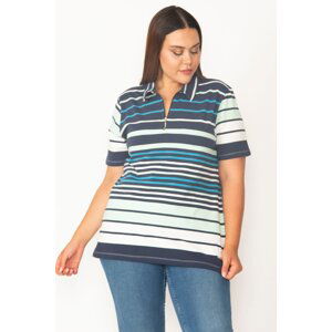 Şans Women's Green Plus Size Striped Blouse with Zipper Detail, Cotton Fabric Front Pats,