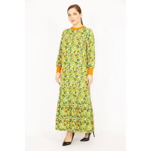 Şans Women's Green Large Size Woven Viscose Fabric Collar and Sleeve Ribbed Long Dress