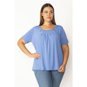 Şans Women's Plus Size Blue Collar Pleat Detailed Short Sleeve Blouse