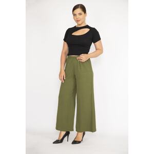 Şans Women's Khaki Plus Size Aerobin Fabric Elastic Waist Wide Leg Trousers