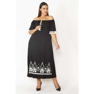 Şans Women's Plus Size Black Collar Viscose Dress With Elastic And Embroidery Detail