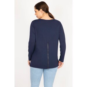 Şans Women's Navy Blue Plus Size Crew Neck Back Zipper Detailed Blouse