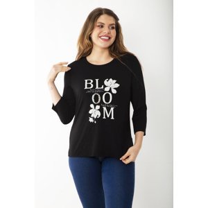 Şans Women's Plus Size Black Sequin And Print Detailed Capri Sleeve Blouse
