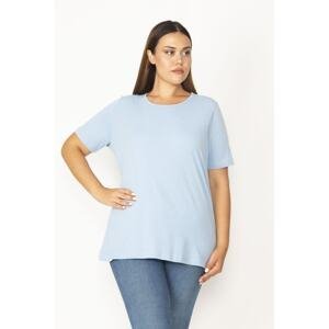 Şans Women's Plus Size Blue Cotton Fabric Crewneck Short Sleeve Blouse