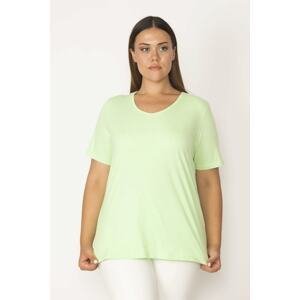 Şans Women's Plus Size Green Cotton Fabric V-Neck Short Sleeve Blouse