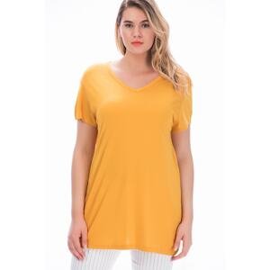 Şans Women's Plus Size Mustard Viscose V-Neck Blouse