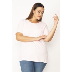 Şans Women's Plus Size Pink Cotton Fabric Crew Neck Short Sleeve Blouse