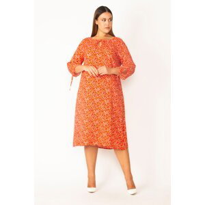 Şans Women's Red Collar And Sleeve Lace Detail Woven Viscose Fabric Crispy Patterned Dress