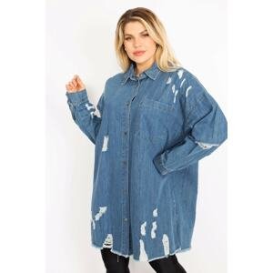 Şans Women's Plus Size Blue Ripped Detailed Loose Cut Oversized Denim Tunic Jacket