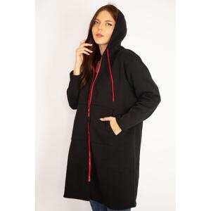 Şans Women's Plus Size Black Inner Raised Fleece Fabric Front Zippered Kangaroo Pocket Hooded Coat