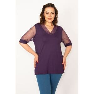 Şans Women's Plus Size Blouse with Plum Sleeves and Collar Tulle And Stone Detailed