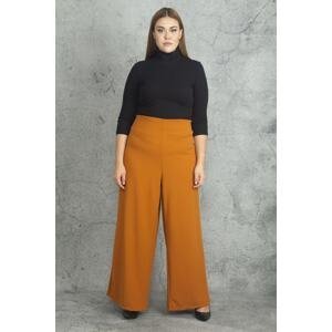 Şans Women's Large Size Tan Wide Leg Palazzo Trousers with Back Belt Elastic