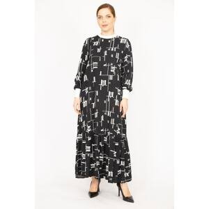 Şans Women's Black Plus Size Woven Viscose Fabric Long Dress With Ribbed Collar And Sleeves