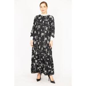 Şans Women's Black Plus Size Woven Viscose Fabric Long Dress With Ribbed Collar And Sleeves