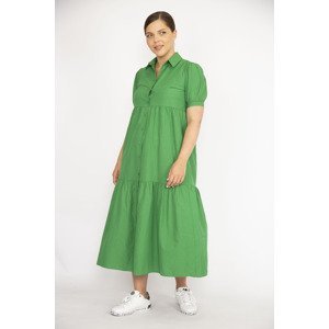 Şans Women's Plus Size Green Poplin Fabric Front Buttoned Dress