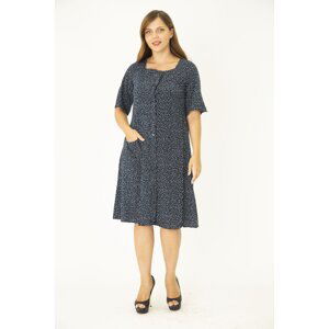 Şans Women's Plus Size Navy Blue Woven Viscose Fabric Front Buttoned Pocket Dress