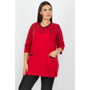 Şans Women's Plus Size Red Cotton Blouse with Pocket Detail