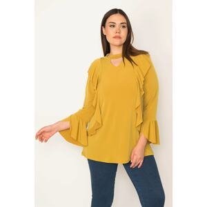 Şans Women's Plus Size Mustard Collar And Flounce Detailed Blouse