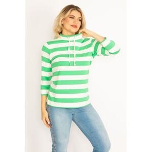 Şans Women's Plus Size Green Striped Blouse with Eyelets and Lace-up