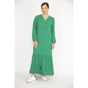 Şans Women's Green Plus Size Woven Viscose Fabric Front Length Buttoned Long Sleeve Dress