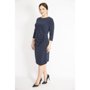 Şans Women's Navy Blue Plus Size Waist Draped Capri Sleeve Dress