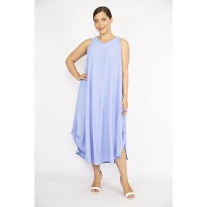 Şans Women's Baby Blue Large Size Aerobin Fabric Skirt Tip Epaulets Sleeveless Long Dress