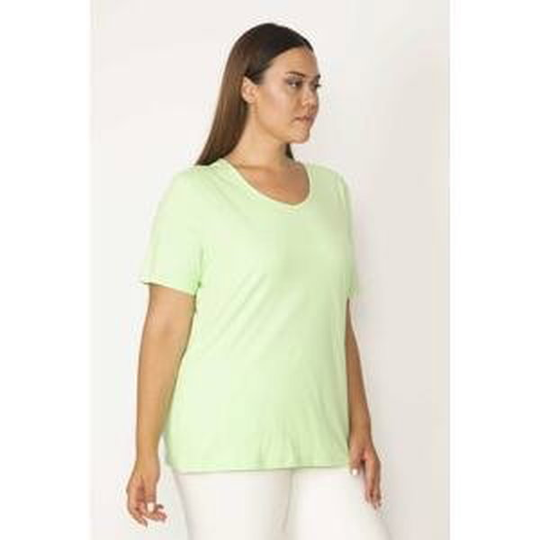 Şans Women's Plus Size Green Cotton Fabric Crewneck Short Sleeve Blouse