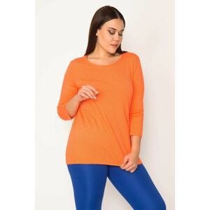 Şans Women's Large Size Orange Thin Striped Blouse with Elastic Hem