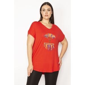 Şans Women's Plus Size Red Embroidery Detail Low Sleeve Viscose Blouse