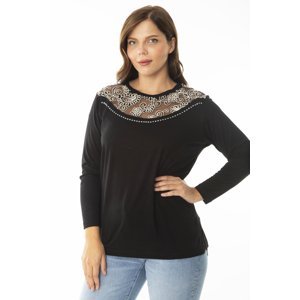 Şans Women's Plus Size Black Collar Long Sleeved Blouse With Tulle Embroidery And Stones Detail
