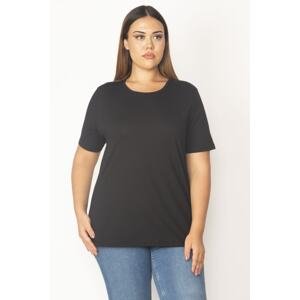 Şans Women's Plus Size Black Cotton Fabric Crewneck Short Sleeve Blouse