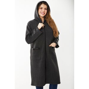 Şans Women's Large Size Smoked Front Zippered Hooded Unlined Faux Leather Garnished Coat