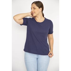 Şans Women's Navy Blue Plus Size Self Striped Short Sleeve Blouse