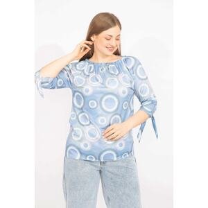 Şans Women's Blue Plus Size blouse with an elasticated collar and tie-down sleeves.