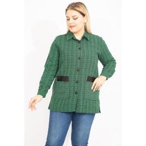 Şans Women's Plus Size Green Bouquette Unlined Jacket with Woven Fabric Faux Leather with Garnish