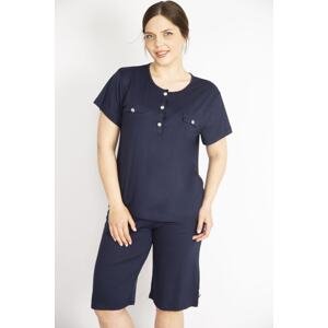 Şans Women's Navy Blue Large Size Front Placket and Legs Metal Buttoned Blouse Capri Double Set