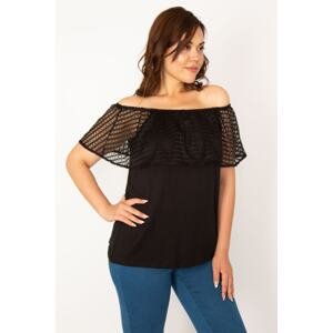 Şans Women's Plus Size Black Elasticated Lace Ruffle Blouse