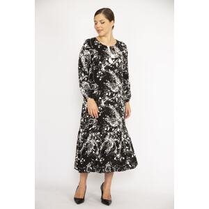 Şans Women's Black Plus Size Woven Viscose Fabric Long Sleeve Skirt Tip Layered Dress