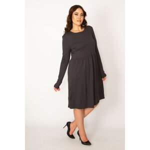 Şans Women's Plus Size Anthracite Crew Neck Waist Gathered Back Zipper Dress