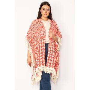 Şans Women's Plus Size Red Shawl Pattern Thick Knitwear Poncho With Tassel And Shimmer Detail
