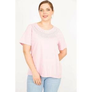 Şans Women's Pink Plus Size Cotton Fabric Collar Glitter Detailed Blouse