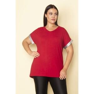 Şans Women's Plus Size Red Sleeve Sequin Detail V-Neck Viscose Blouse