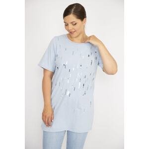 Şans Women's Plus Size Baby Blue Sequin And Stone Embroidered Crew Neck Blouse