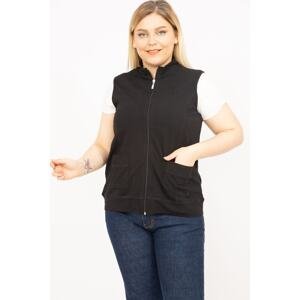 Şans Women's Black Plus Size Cotton Fabric Front Zippered Cup And Pocket Detail Vest