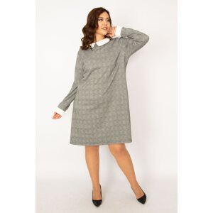 Şans Women's Plus Size Gray Baby Collar Checkered Dress