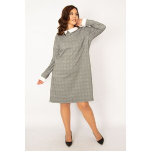 Şans Women's Plus Size Gray Baby Collar Checkered Dress