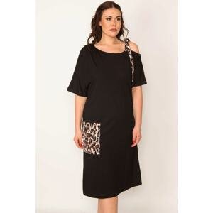 Şans Women's Plus Size Black Strap and Pocket Detailed Dress