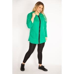 Şans Women's Large Size Green Front Zipper Pocket and Hooded Coat