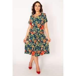 Şans Women's Plus Size Colorful Waist Draped Floral Pattern Dress