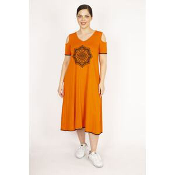 Şans Women's Orange Large Size Off-Shoulder Embroidered Dress